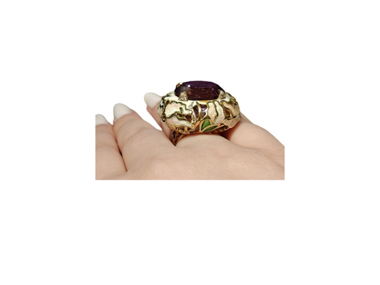 Luxury fine jewelry ring in 18K yellow gold with ametrine, sapphires, diamonds, and handcrafted hot enamel design