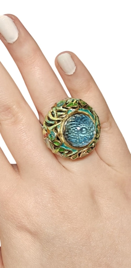 The "Shimmering Pond"- 18k gold, hot enamel and blue topaz ring