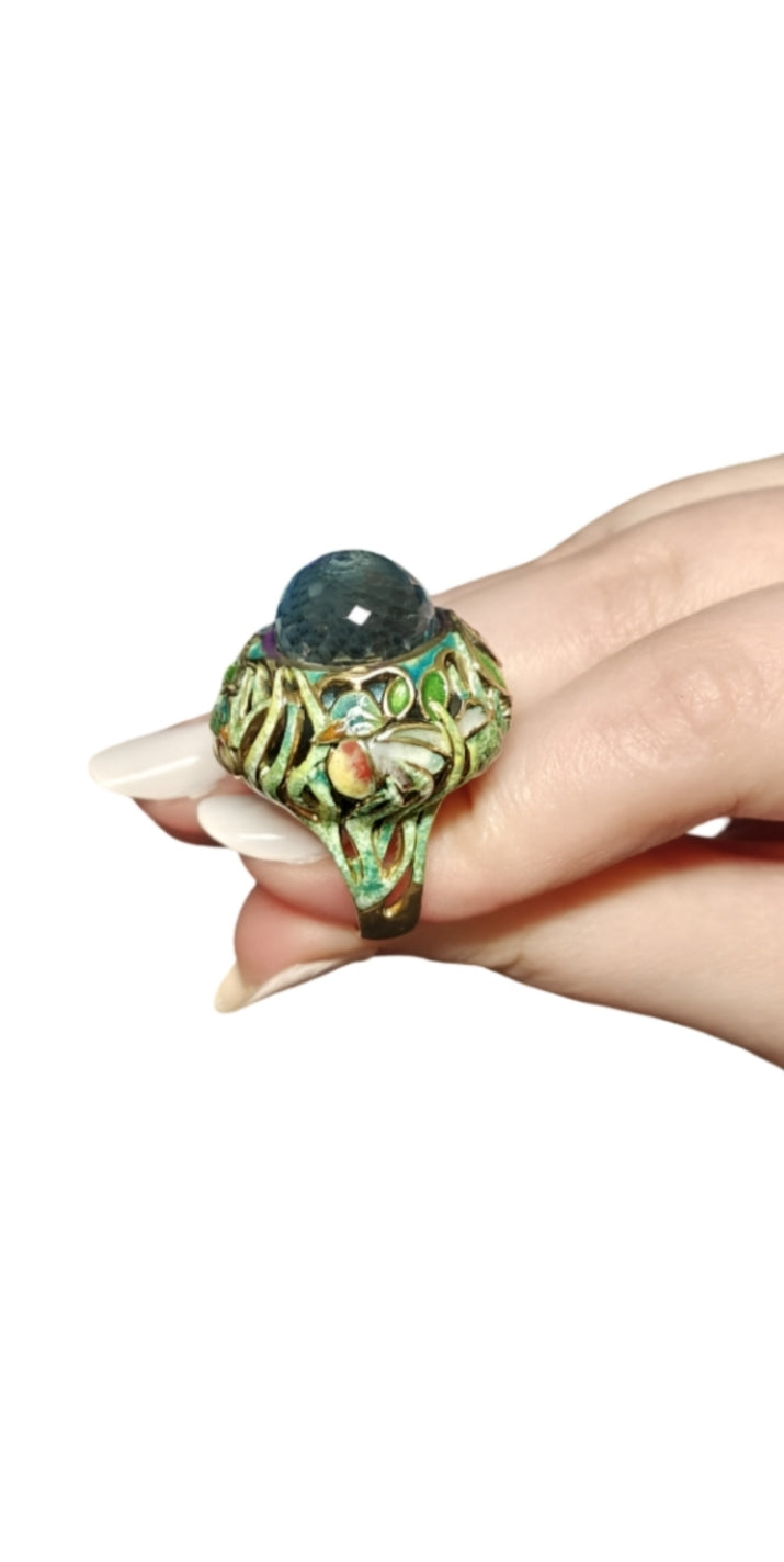The "Shimmering Pond"- 18k gold, hot enamel and blue topaz ring