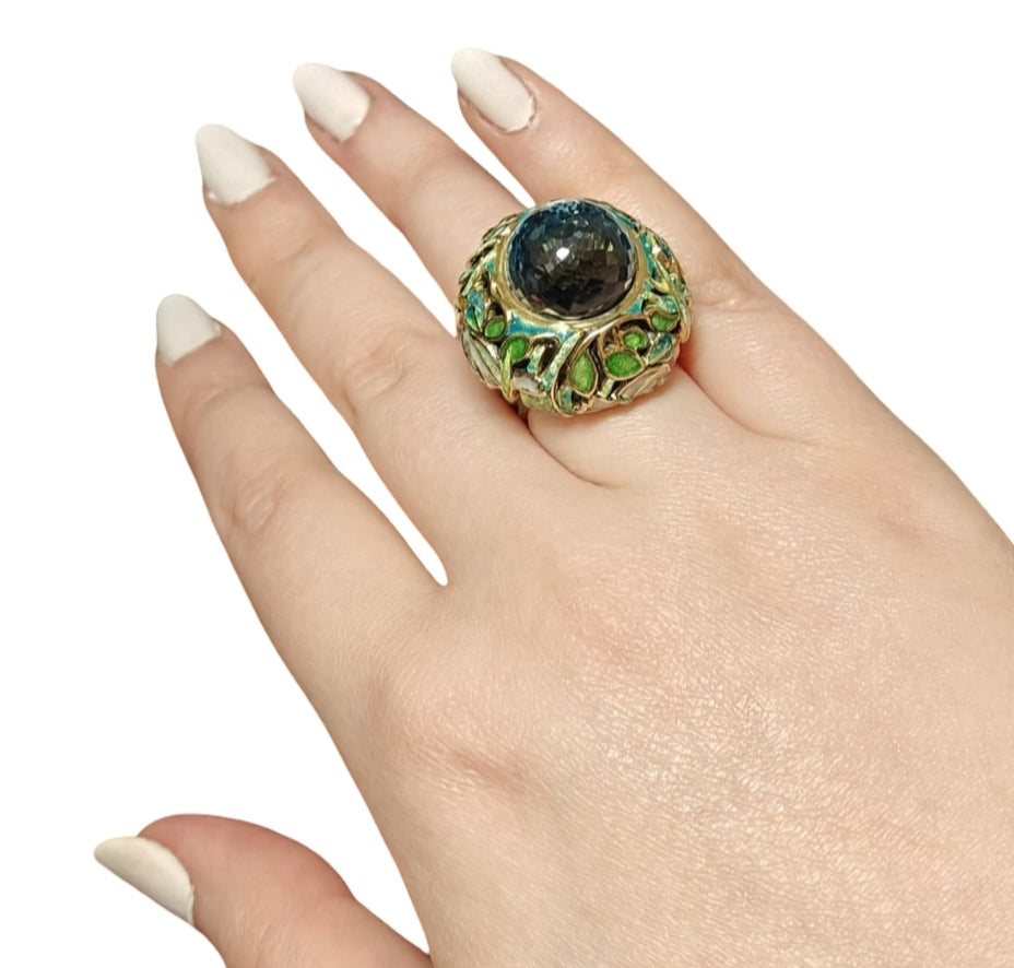 The "Shimmering Pond"- 18k gold, hot enamel and blue topaz ring