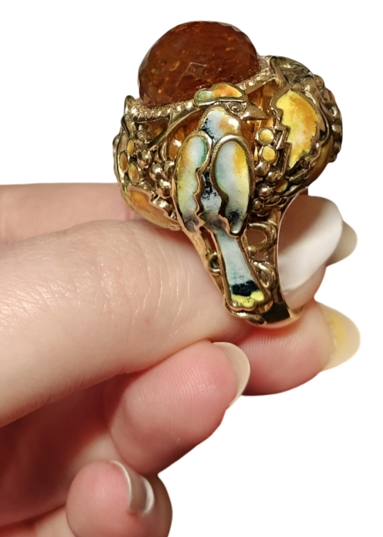 The "Autumn"- 18k gold, Madeira citrine, hot enamel and sapphires ring