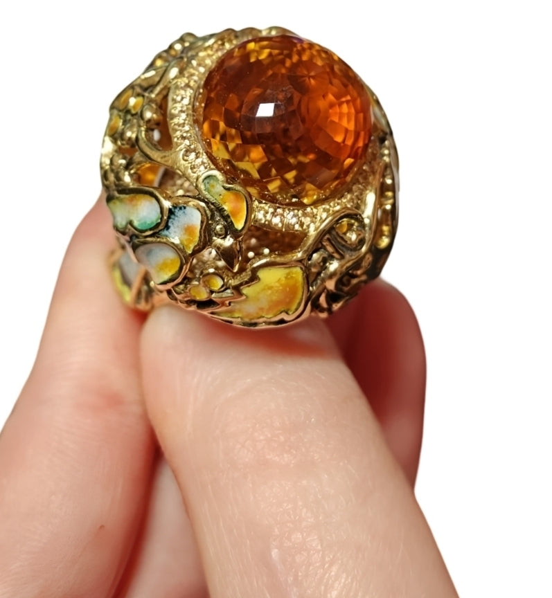 The "Autumn"- 18k gold, Madeira citrine, hot enamel and sapphires ring