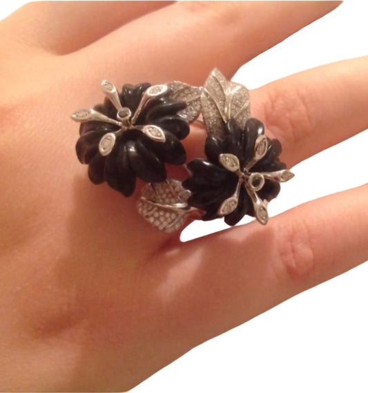 The "Black Petunia" ring- 18K white gold, Hawk's eye gemstones, diamonds, rhodium plated- SOLD